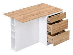 Ilha central de cozinha com 6 gavetas e 4 nichos em MDF - Natural e Branco - POMARELA