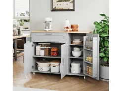 Ilha central móvel com tampo rebatível - 132,5 x 44 /70 x 90 cm - com 3 portas + 1 gaveta - MDF - cinza