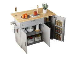 Ilha central móvel com tampo rebatível - 132,5 x 44 /70 x 90 cm - com 3 portas + 1 gaveta - MDF - cinza