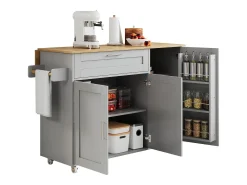 Ilha central móvel com tampo rebatível - 132,5 x 44 /70 x 90 cm - com 3 portas + 1 gaveta - MDF - cinza