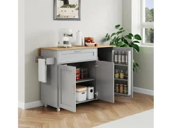 Ilha central móvel com tampo rebatível - 132,5 x 44 /70 x 90 cm - com 3 portas + 1 gaveta - MDF - cinza