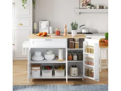 Ilha central móvel com tampo rebatível - 132,5 x 44 /70 x 90 cm - com 3 portas + 1 gaveta - MDF - branco + natural