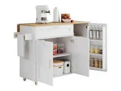 Ilha central móvel com tampo rebatível - 132,5 x 44 /70 x 90 cm - com 3 portas + 1 gaveta - MDF - branco + natural