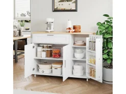 Ilha central móvel com tampo rebatível - 132,5 x 44 /70 x 90 cm - com 3 portas + 1 gaveta - MDF - branco + natural