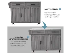 Ilha central móvel de cozinha com 3 portas e 2 gavetas - tampo extensível - 129x46/71x91,5 cm - Madeira MDF + metal - Cinza