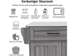 Ilha central móvel de cozinha com 3 portas e 2 gavetas - tampo extensível - 129x46/71x91,5 cm - Madeira MDF + metal - Cinza