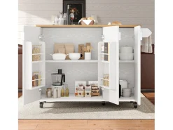 Ilha central sobre rodas - 130 x 45/75 x 92 cm - carrinho extensível + 3 portas - MDF - branco