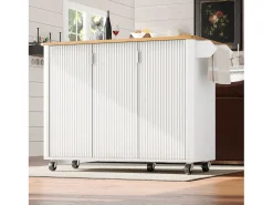 Ilha central sobre rodas - 130 x 45/75 x 92 cm - carrinho extensível + 3 portas - MDF - branco