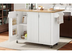 Ilha central sobre rodas - 130 x 45/75 x 92 cm - carrinho extensível + 3 portas - MDF - branco