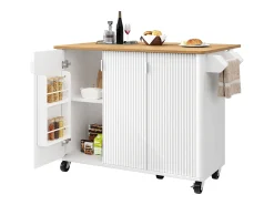 Ilha central sobre rodas - 130 x 45/75 x 92 cm - carrinho extensível + 3 portas - MDF - branco