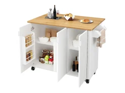 Ilha central sobre rodas - 130 x 45/75 x 92 cm - carrinho extensível + 3 portas - MDF - branco