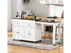 Ilha central sobre rodas - extensível com tampo + 2 gavetas - MDF - branco + marrom