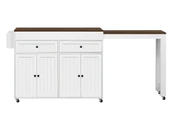 Ilha central sobre rodas - extensível com tampo + 2 gavetas - MDF - branco + marrom
