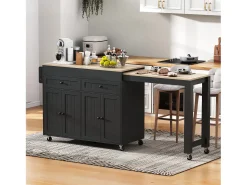 Ilha central sobre rodas - ilha de cozinha extensível com bancada + 2 gavetas - MDF - preto
