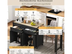 Ilha central sobre rodas - ilha de cozinha extensível com bancada + 2 gavetas - MDF - preto