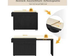 Ilha central sobre rodas - ilha de cozinha extensível com bancada + 2 gavetas - MDF - preto