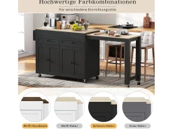 Ilha central sobre rodas - ilha de cozinha extensível com bancada + 2 gavetas - MDF - preto
