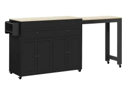 Ilha central sobre rodas - ilha de cozinha extensível com bancada + 2 gavetas - MDF - preto