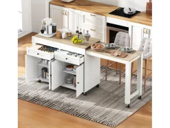 Ilha central sobre rodas - ilha de cozinha extensível com bancada + 2 gavetas - MDF - branco