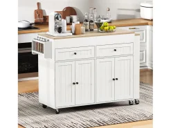 Ilha central sobre rodas - ilha de cozinha extensível com bancada + 2 gavetas - MDF - branco