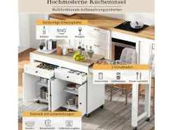 Ilha central sobre rodas - ilha de cozinha extensível com bancada + 2 gavetas - MDF - branco