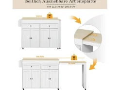 Ilha central sobre rodas - ilha de cozinha extensível com bancada + 2 gavetas - MDF - branco