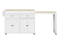 Ilha central sobre rodas - ilha de cozinha extensível com bancada + 2 gavetas - MDF - branco
