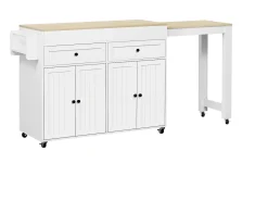 Ilha central sobre rodas - ilha de cozinha extensível com bancada + 2 gavetas - MDF - branco