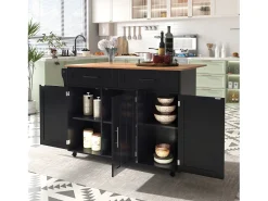 Ilha central sobre rodas - 129 x 46/71 x 91,5 cm - tampo dobrável - com 3 portas + 2 gavetas - MDF - preto