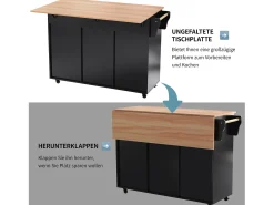 Ilha central sobre rodas - 129 x 46/71 x 91,5 cm - tampo dobrável - com 3 portas + 2 gavetas - MDF - preto