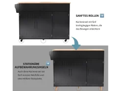 Ilha central sobre rodas - 129 x 46/71 x 91,5 cm - tampo dobrável - com 3 portas + 2 gavetas - MDF - preto