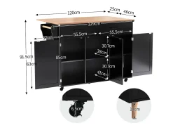 Ilha central sobre rodas - 129 x 46/71 x 91,5 cm - tampo dobrável - com 3 portas + 2 gavetas - MDF - preto
