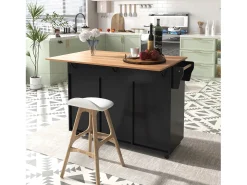 Ilha central sobre rodas - 129 x 46/71 x 91,5 cm - tampo dobrável - com 3 portas + 2 gavetas - MDF - preto