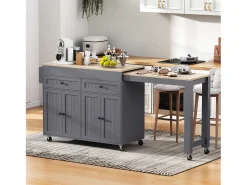 Ilha central sobre rodas - ilha de cozinha extensível com bancada + 2 gavetas - MDF - cinza
