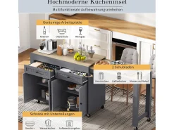 Ilha central sobre rodas - ilha de cozinha extensível com bancada + 2 gavetas - MDF - cinza
