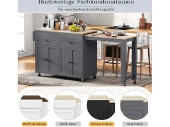 Ilha central sobre rodas - ilha de cozinha extensível com bancada + 2 gavetas - MDF - cinza