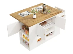 Ilha de cozinha - 3 portas e 2 gavetas - bancada extensível - 140x40x90cm - prateleiras abertas - Branco