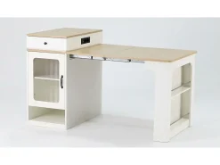 Ilha de cozinha - Com tomada elétrica - Com mesa de jantar removível e extensível - Textura de mármore - Com 1 porta - Preto + Branco