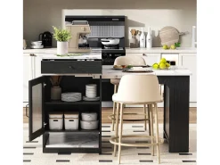 Ilha de cozinha - Com tomada elétrica - Com mesa de jantar removível e extensível - ​​Textura de mármore​​ - Com 1 porta - ​​Preto + Branco​