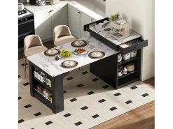 Ilha de cozinha - Com tomada elétrica - Com mesa de jantar removível e extensível - ​​Textura de mármore​​ - Com 1 porta - ​​Preto + Branco​