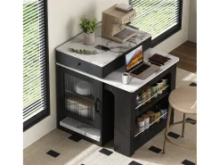 Ilha de cozinha - Com tomada elétrica - Com mesa de jantar removível e extensível - ​​Textura de mármore​​ - Com 1 porta - ​​Preto + Branco​