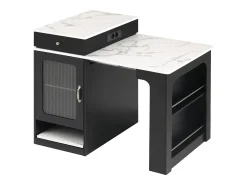 Ilha de cozinha - Com tomada elétrica - Com mesa de jantar removível e extensível - ​​Textura de mármore​​ - Com 1 porta - ​​Preto + Branco​