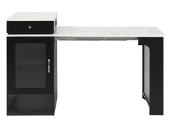 Ilha de cozinha - Com tomada elétrica - Com mesa de jantar removível e extensível - ​​Textura de mármore​​ - Com 1 porta - ​​Preto + Branco​