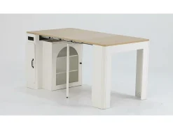Ilha de cozinha - com USB e LED - com mesa de jantar removível e extensível - textura de madeira - com 1 porta - natural + branco
