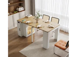 Ilha de cozinha - com USB e LED - com mesa de jantar removível e extensível - textura de madeira - com 1 porta - natural + branco