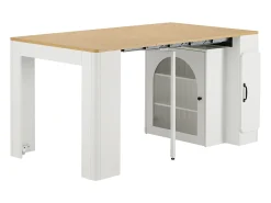 Ilha de cozinha - com USB e LED - com mesa de jantar removível e extensível - textura de madeira - com 1 porta - natural + branco