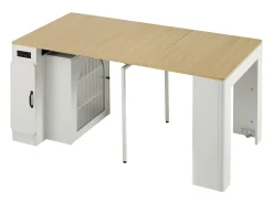 Ilha de cozinha - com USB e LED - com mesa de jantar removível e extensível - textura de madeira - com 1 porta - natural + branco