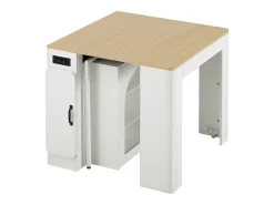 Ilha de cozinha - com USB e LED - com mesa de jantar removível e extensível - textura de madeira - com 1 porta - natural + branco