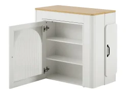 Ilha de cozinha - com USB e LED - com mesa de jantar removível e extensível - textura de madeira - com 1 porta - natural + branco