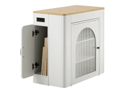 Ilha de cozinha - com USB e LED - com mesa de jantar removível e extensível - textura de madeira - com 1 porta - natural + branco